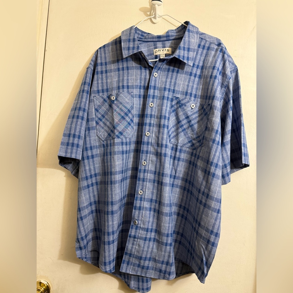 Orvis Classic Collection Mens‎ Sz 2XL Blue Plaid Shirt Sleeve Button Up Pockets
